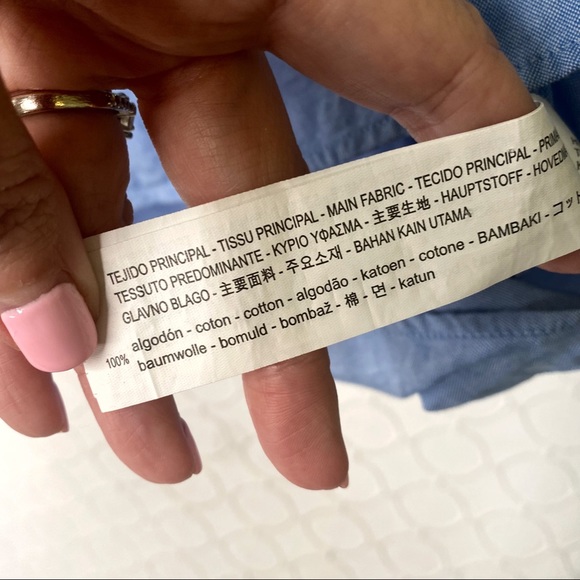 Zara Basic Chambray Tape Banded Shirred Sleeves Blouse Top Medium - Picture 7 of 7